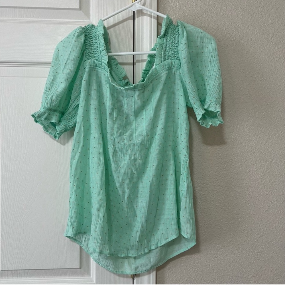 Mine Anthropologie Wintergreen Swiss Dot Puff Sleeve Bow Back Blouse Size L